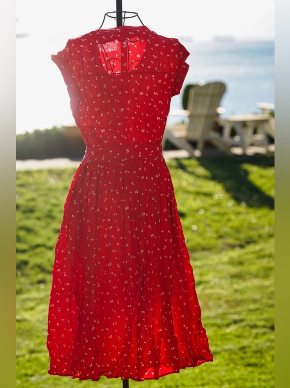 Jackie Bernard FDR Eclectic Red Rayon Midi Dress - Size 8 - Picture 4 of 10